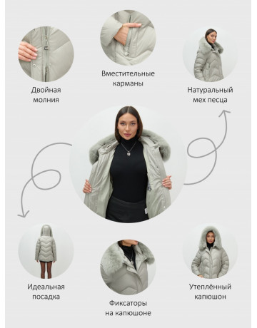 Пуховик для городской леди с мехом песца, защита от влаги и ветра