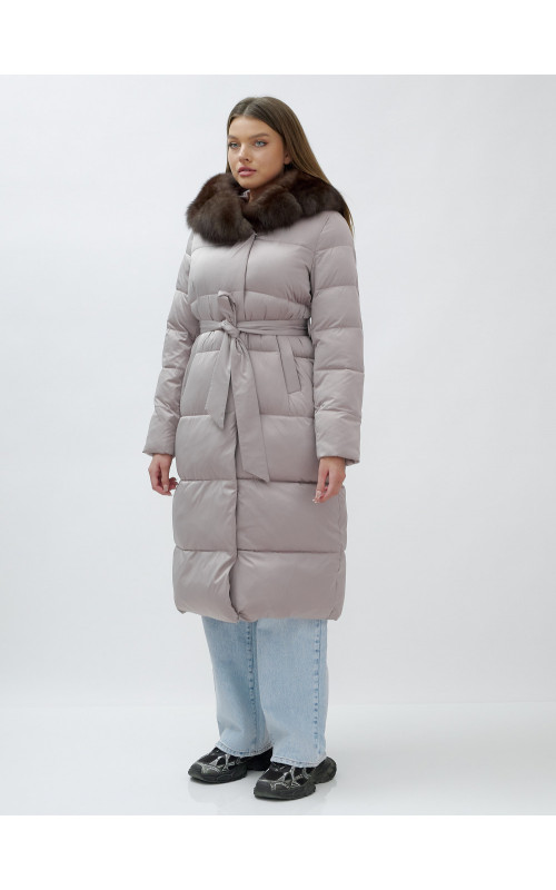 Длинный женский пуховик с мехом песца