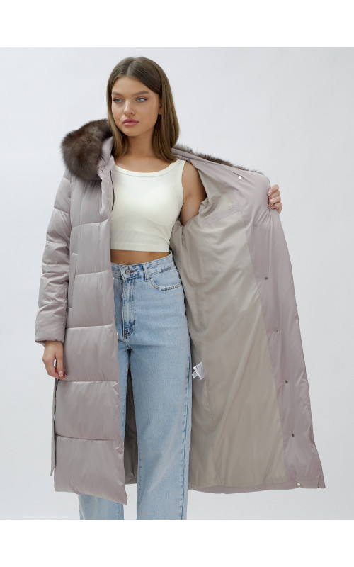 Длинный женский пуховик с мехом песца