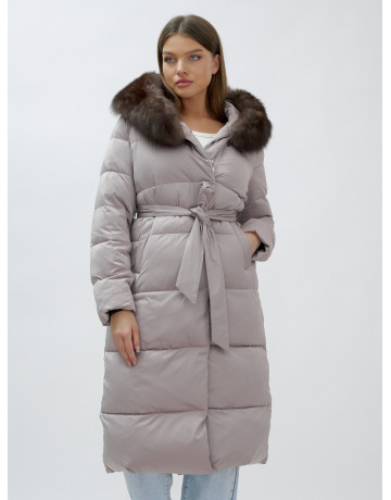 Длинный женский пуховик с мехом песца