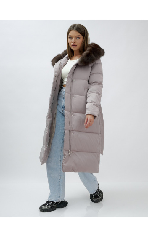 Длинный женский пуховик с мехом песца