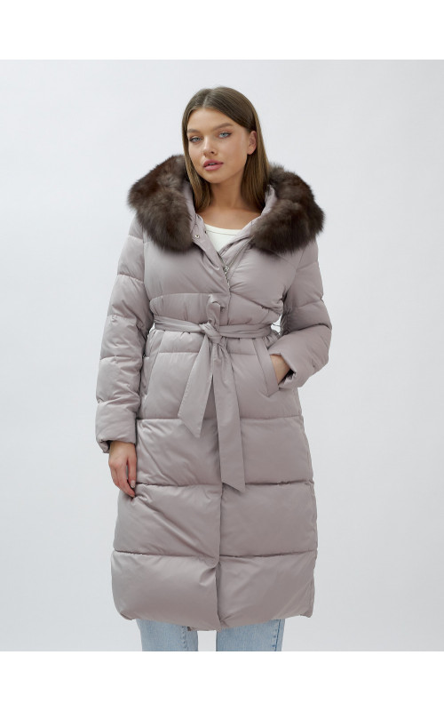 Длинный женский пуховик с мехом песца