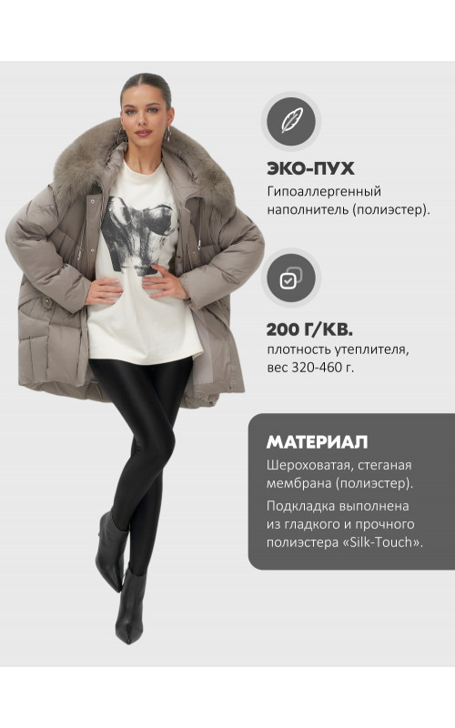 Пуховик зимний женский с мехом и капюшоном, коричневый.