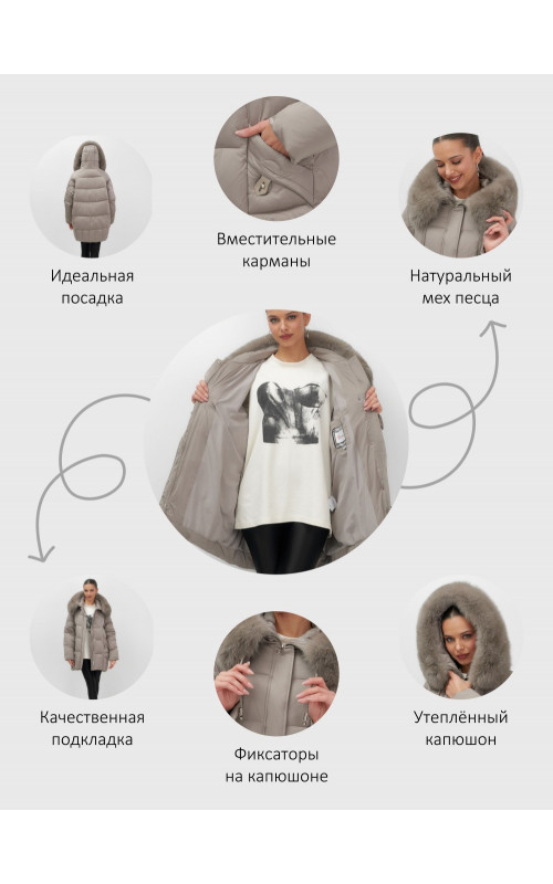 Пуховик зимний женский с мехом и капюшоном, коричневый.