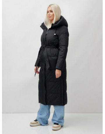 Тёплый женский пуховик с поясом и капюшоном.