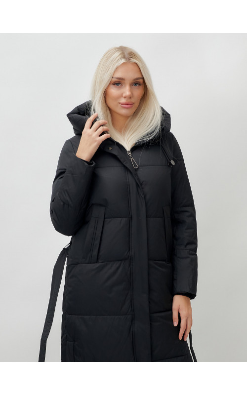 Тёплый женский пуховик с поясом и капюшоном.