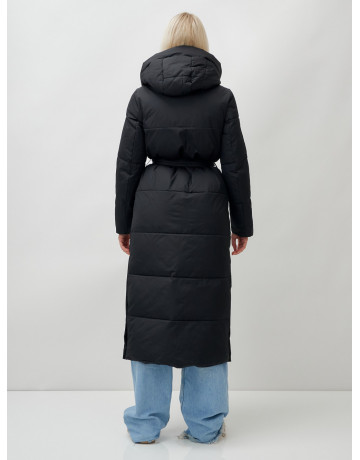 Тёплый женский пуховик с поясом и капюшоном.
