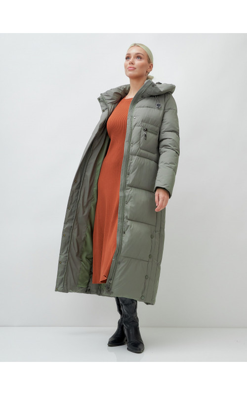 Длинный зимний пуховик с капюшоном для женщин