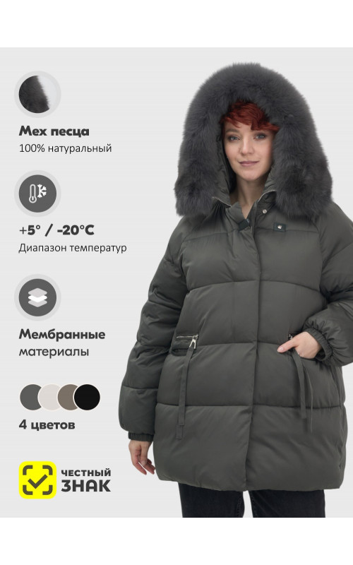 Женский зимний пуховик с мехом и капюшоном, тёмно-зелёный.