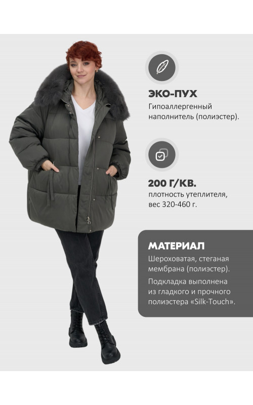 Женский зимний пуховик с мехом и капюшоном, тёмно-зелёный.