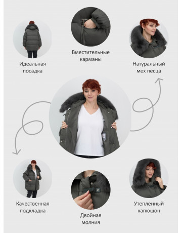 Женский зимний пуховик с мехом и капюшоном, тёмно-зелёный.