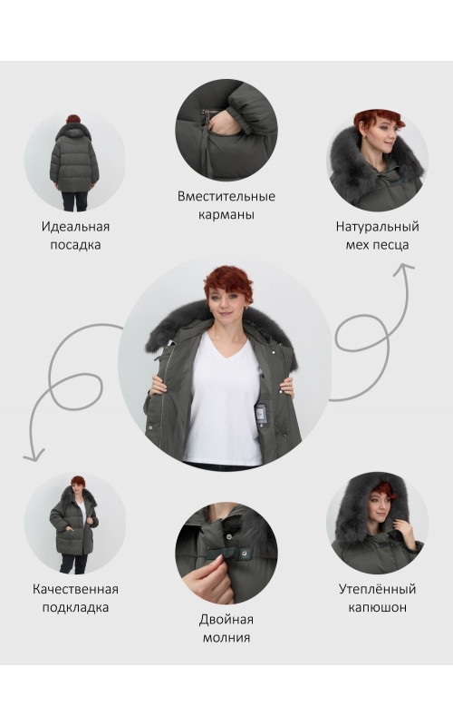 Женский зимний пуховик с мехом и капюшоном, тёмно-зелёный.