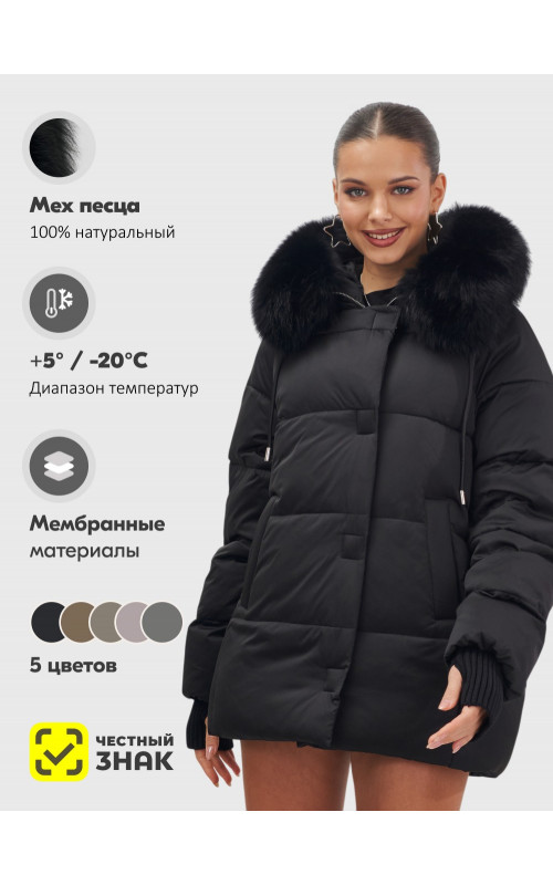 Женский зимний пуховик с мехом и капюшоном, чёрный.