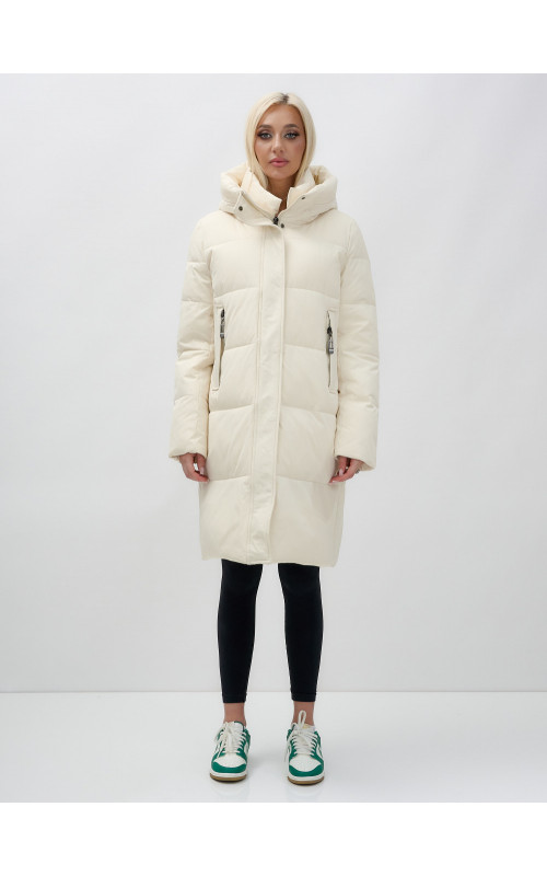 Тёплый женский пуховик с капюшоном до колена.