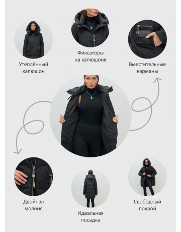 Женский модный пуховик с капюшоном, чёрный.