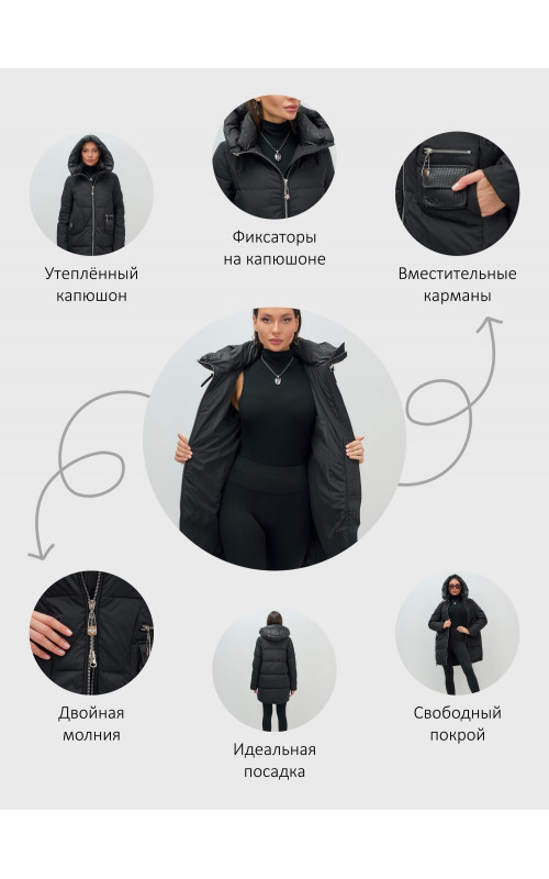 Женский модный пуховик с капюшоном, чёрный.