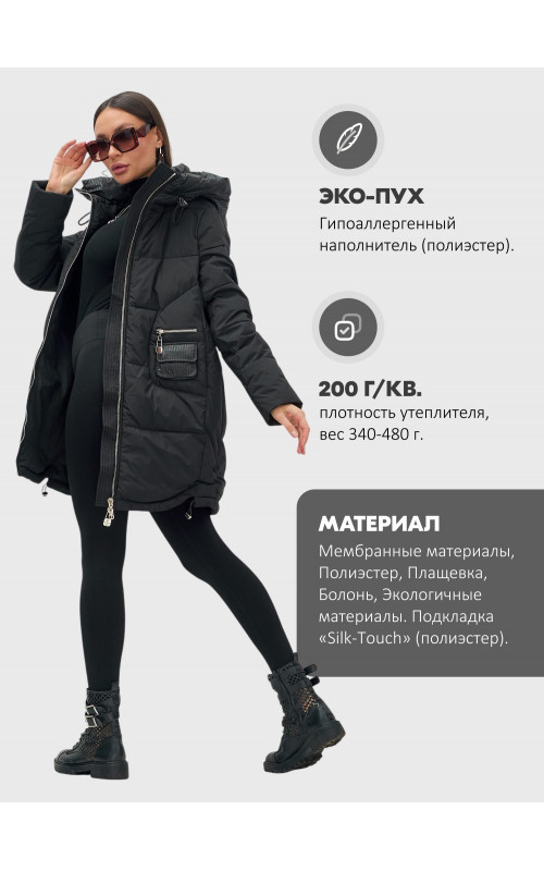 Женский модный пуховик с капюшоном, чёрный.