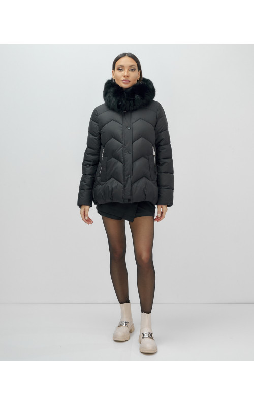 Пуховик для леди с защитой от влаги, песцовым мехом, чёрный.