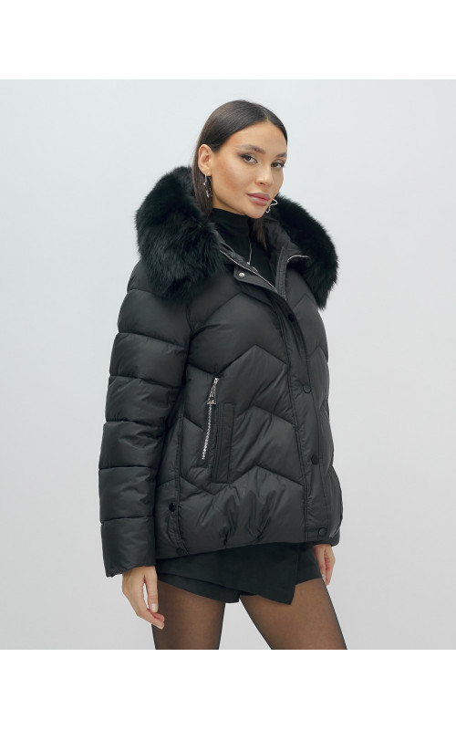 Пуховик для леди с защитой от влаги, песцовым мехом, чёрный.