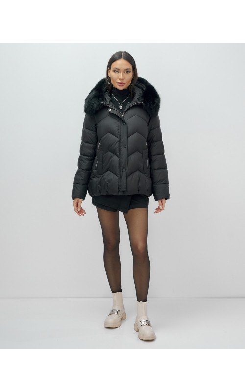 Пуховик для леди с защитой от влаги, песцовым мехом, чёрный.