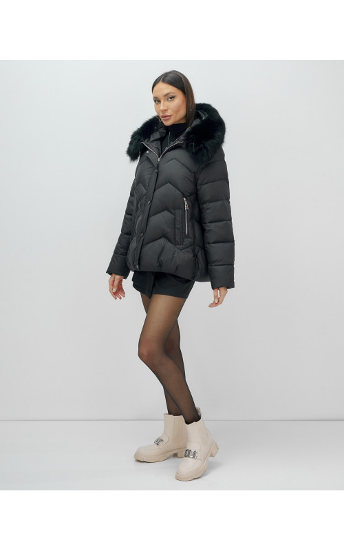 Пуховик для леди с защитой от влаги, песцовым мехом, чёрный.