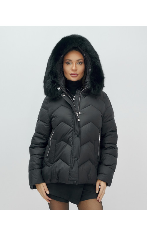 Пуховик для леди с защитой от влаги, песцовым мехом, чёрный.