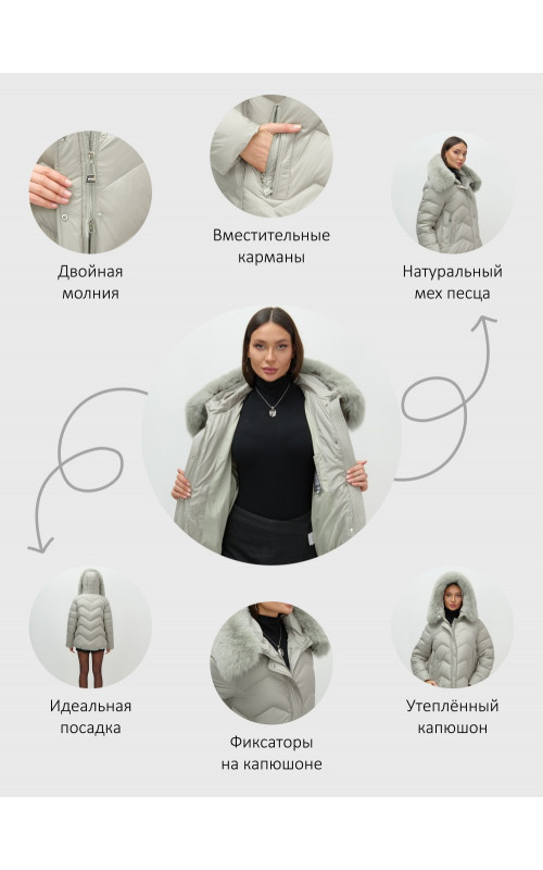 Женский зимний пуховик со мехом и капюшоном, светло-зелёный.