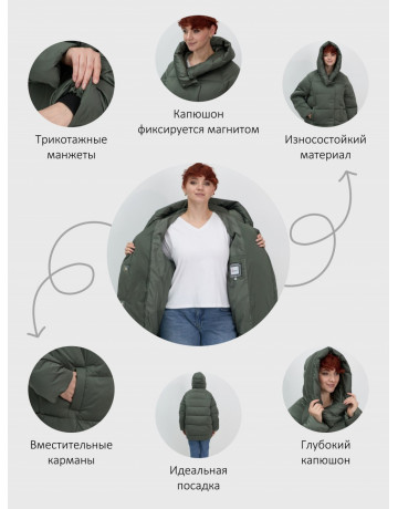Пуховик женский зимний с капюшоном, хаки