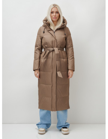 Тёплый женский пуховик с поясом и капюшоном.