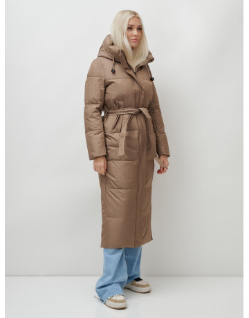 Тёплый женский пуховик с поясом и капюшоном.
