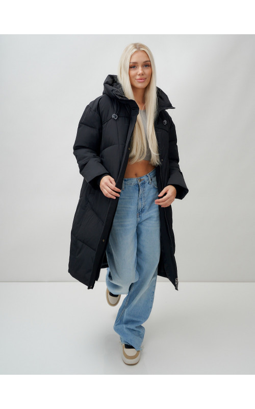 Длинный зимний пуховик с капюшоном для женщин