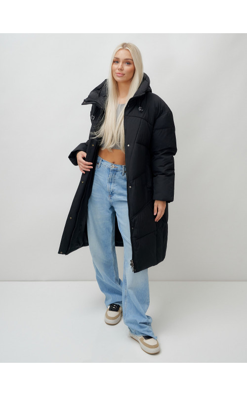 Длинный зимний пуховик с капюшоном для женщин