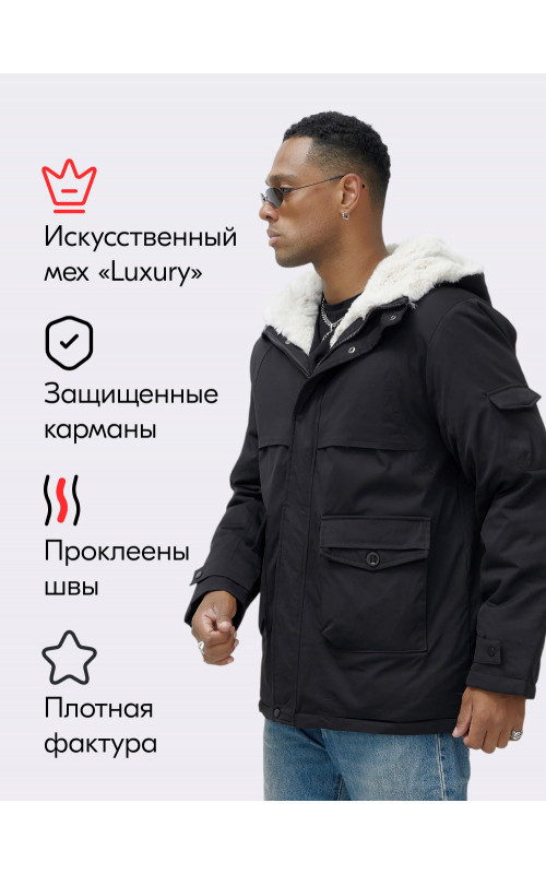 Мужская чёрная зимняя парка с мехом, удлинённая