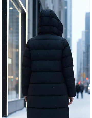 Длинный зимний пуховик для женщин с капюшоном.