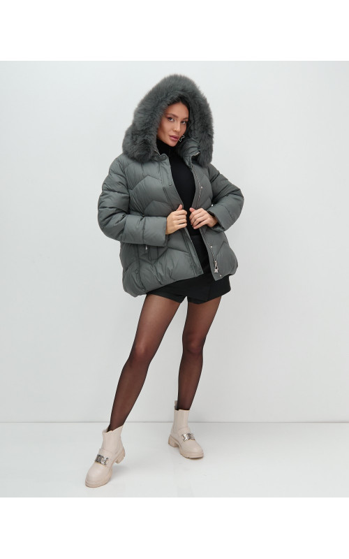 Пуховик для городской леди с мехом песца, защита от влаги и ветра