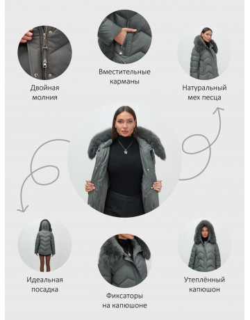Пуховик для городской леди с мехом песца, защита от влаги и ветра