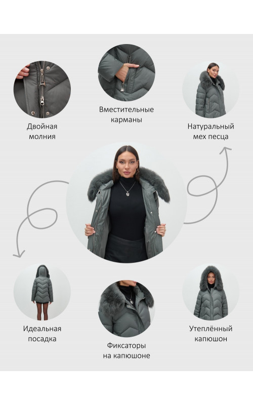 Пуховик для городской леди с мехом песца, защита от влаги и ветра