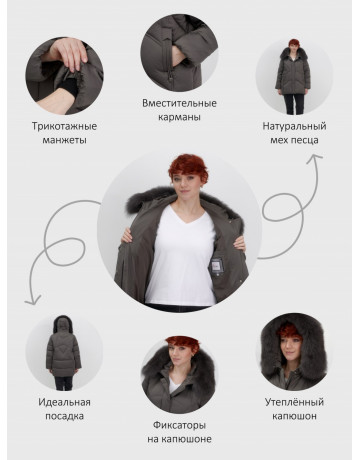 Пуховик зимний женский с мехом и капюшоном, тёмно-серый.