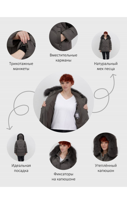 Пуховик зимний женский с мехом и капюшоном, тёмно-серый.