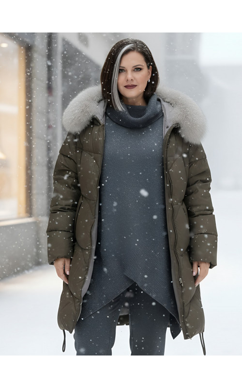 Длинный зимний пуховик премиум-класса с мехом песца