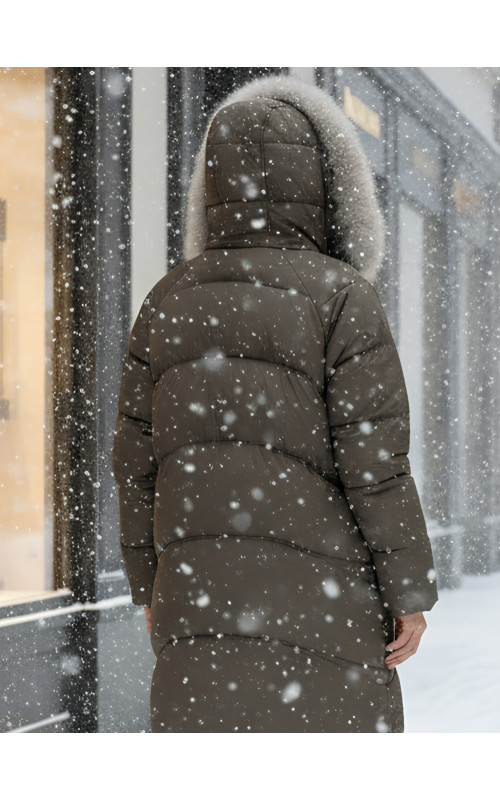 Длинный зимний пуховик премиум-класса с мехом песца