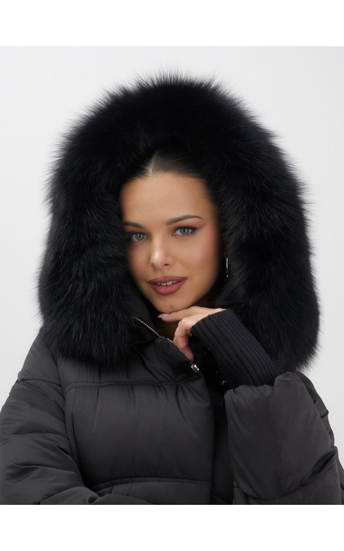 Женский зимний пуховик с мехом и капюшоном, чёрный