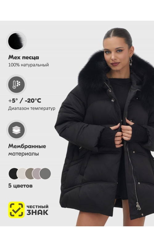 Женский зимний пуховик с мехом и капюшоном, чёрный