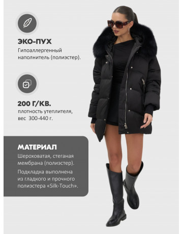 Женский зимний пуховик с мехом и капюшоном, чёрный
