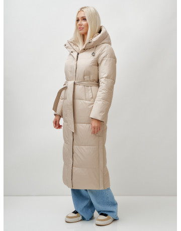 Тёплый женский пуховик с поясом и капюшоном.