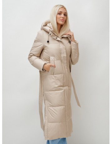 Тёплый женский пуховик с поясом и капюшоном.