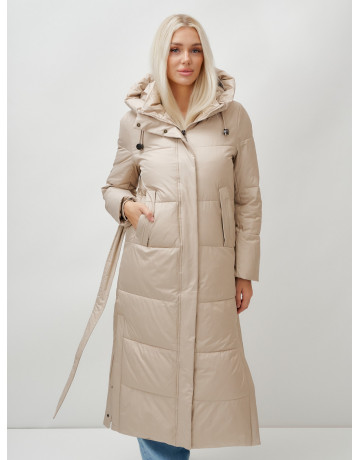 Тёплый женский пуховик с поясом и капюшоном.