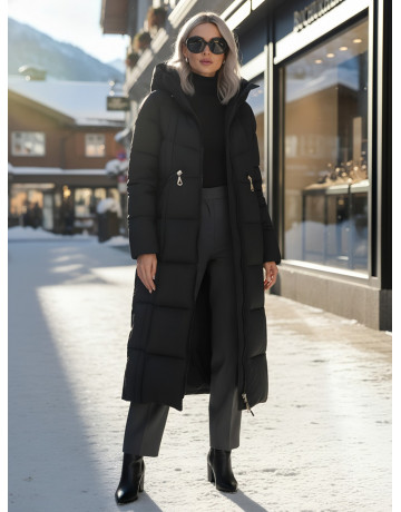 Длинный зимний пуховик для женщин с капюшоном.