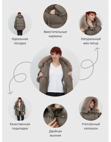 Женский зимний пуховик с мехом и капюшоном, коричневый тренд