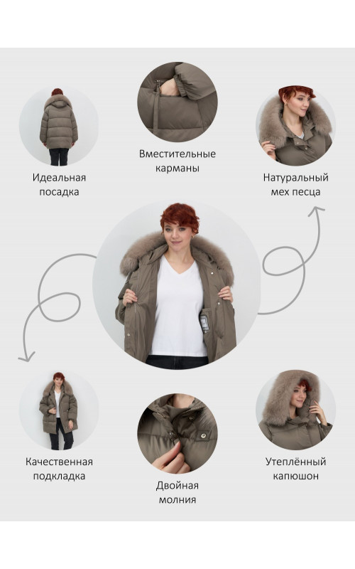 Женский зимний пуховик с мехом и капюшоном, коричневый тренд